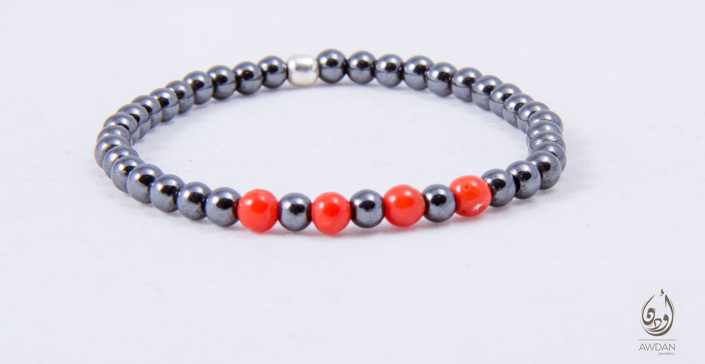 Hematite And Coral Beaded Bracelet