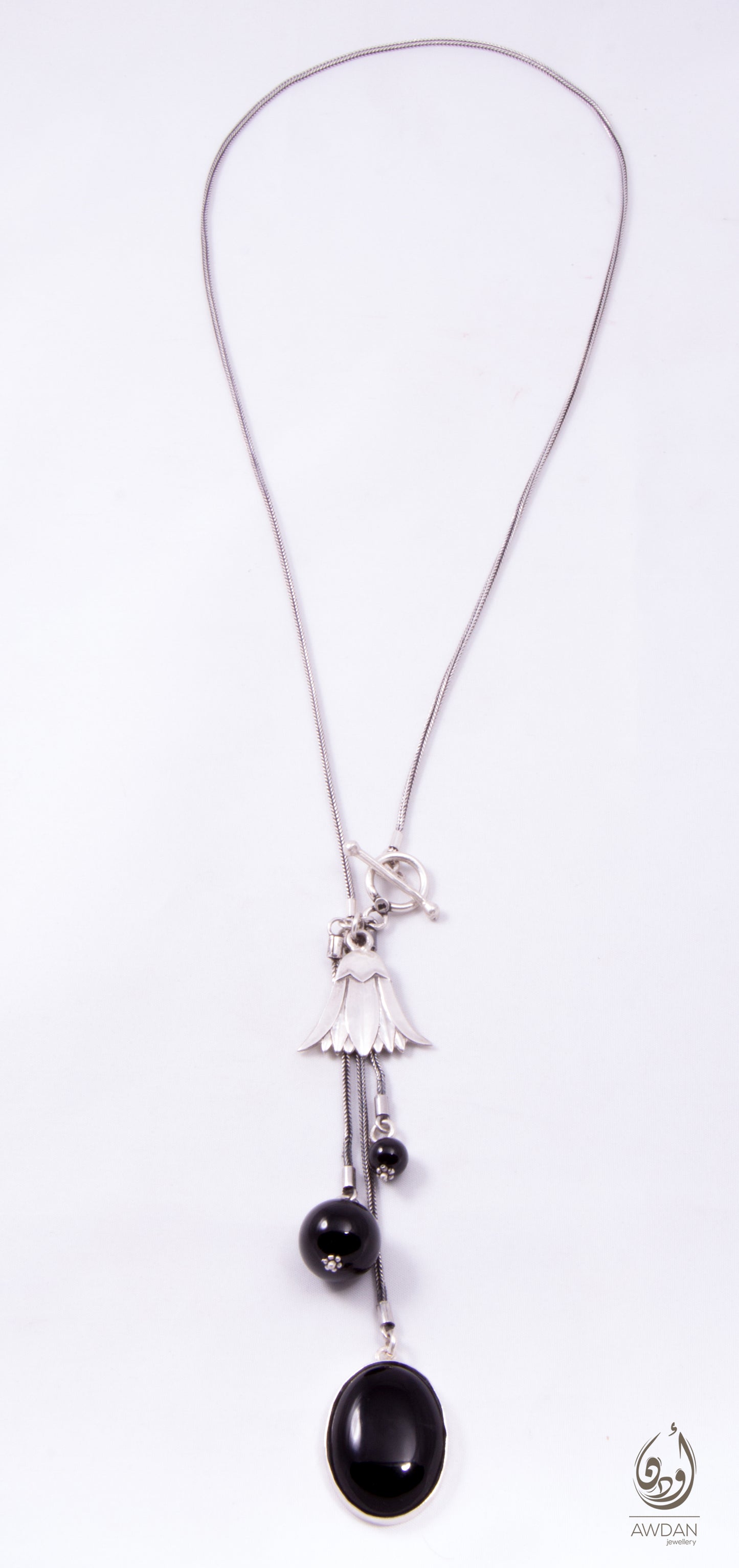 Three Onyx Stones And Lotus Necklace