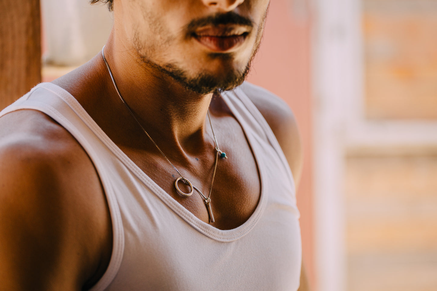 Triple Pendant Necklace (Bar/Turquoise/Circle)