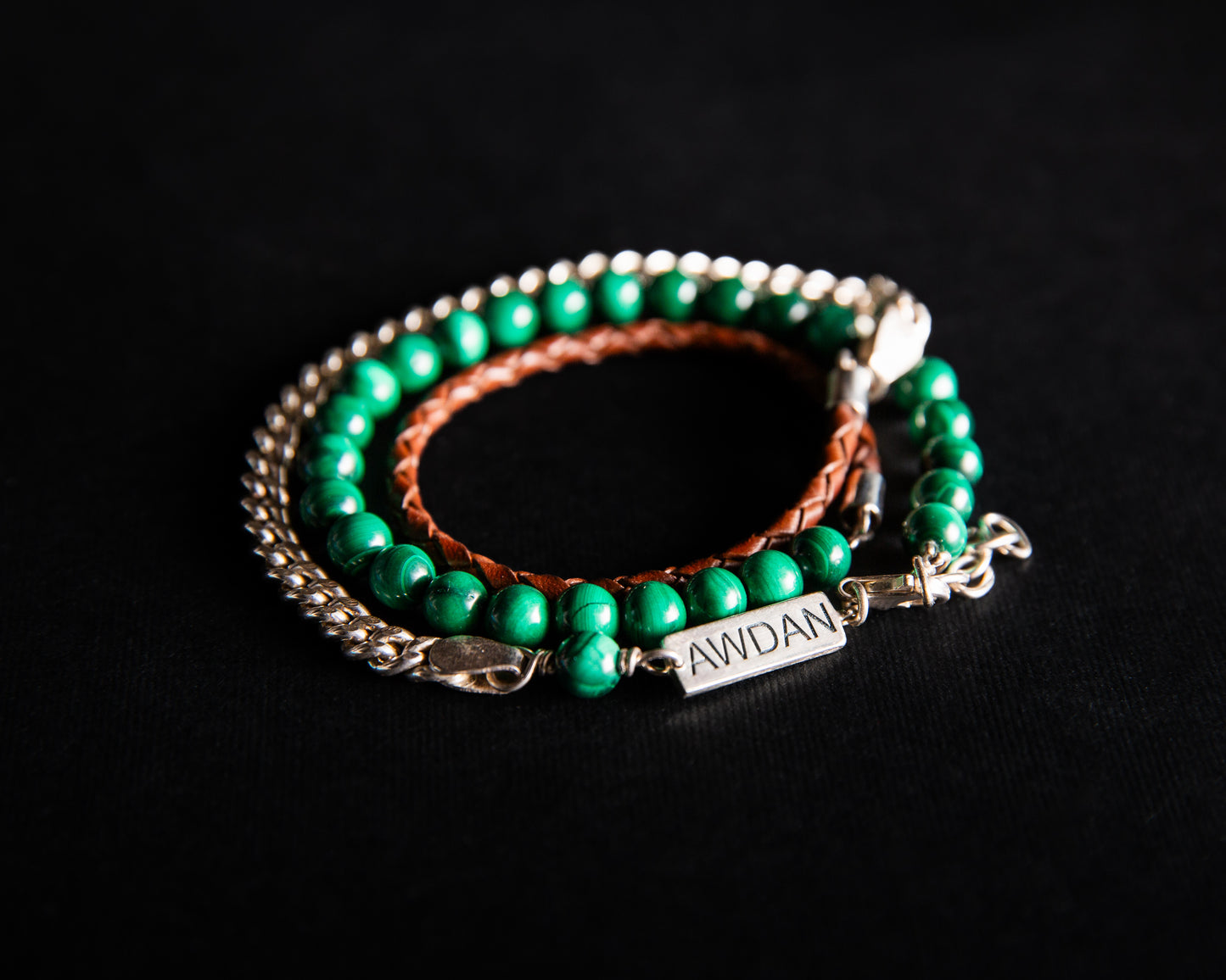 Triple Layered Bracelet. (Malachite/Leather/Silver)