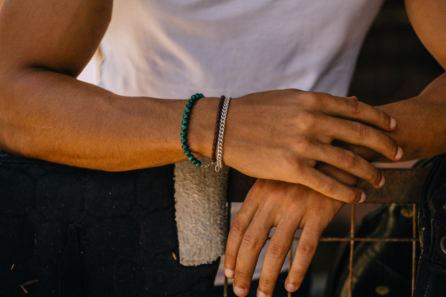 Triple Layered Bracelet. (Malachite/Leather/Silver)