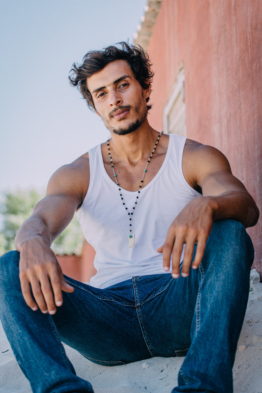 Flat Ivory Horn and Crystals Rosary Necklace