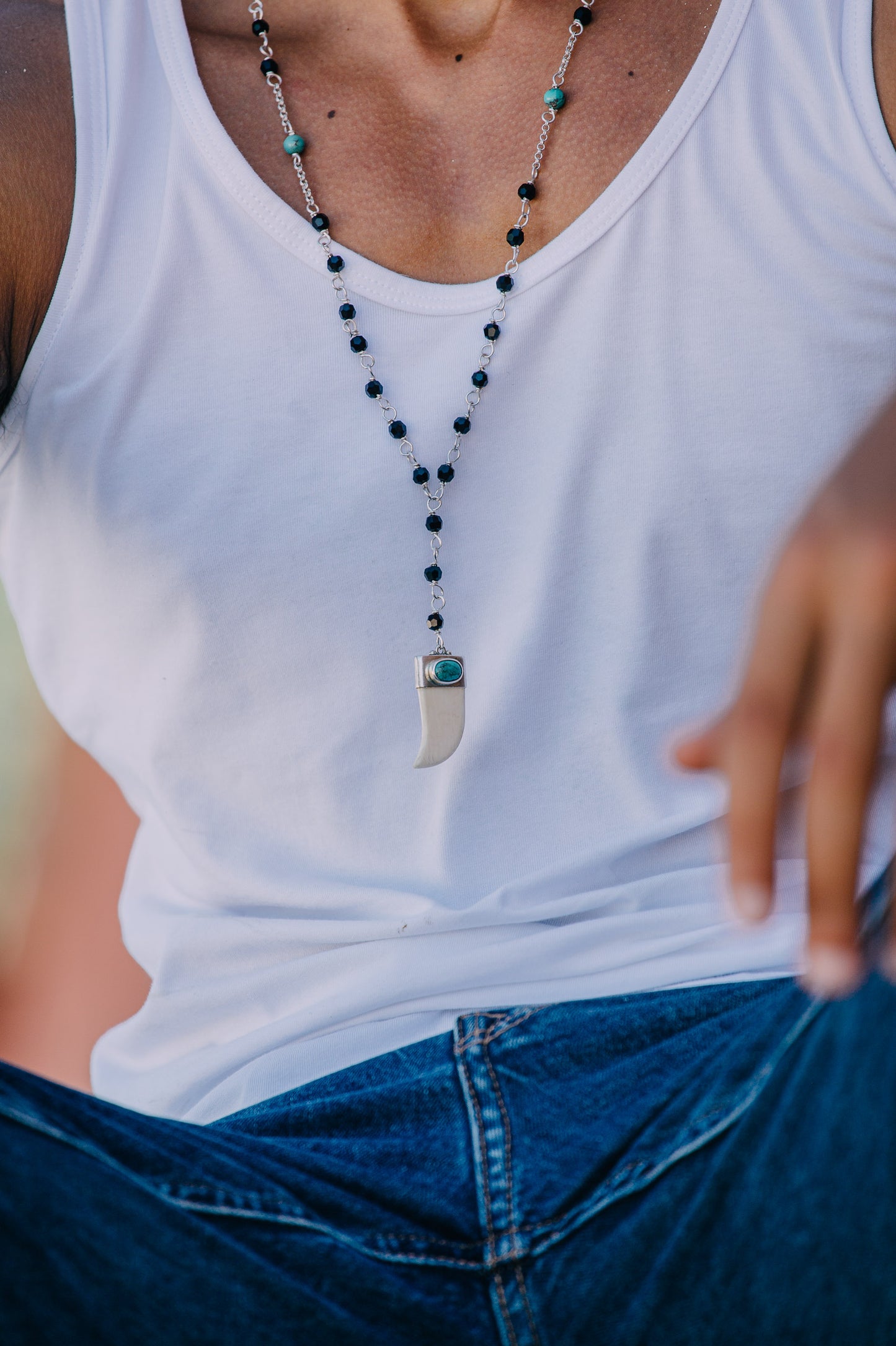Flat Ivory Horn and Crystals Rosary Necklace