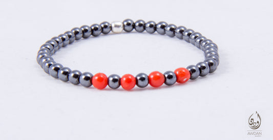 Hematite And Coral Beaded Bracelet