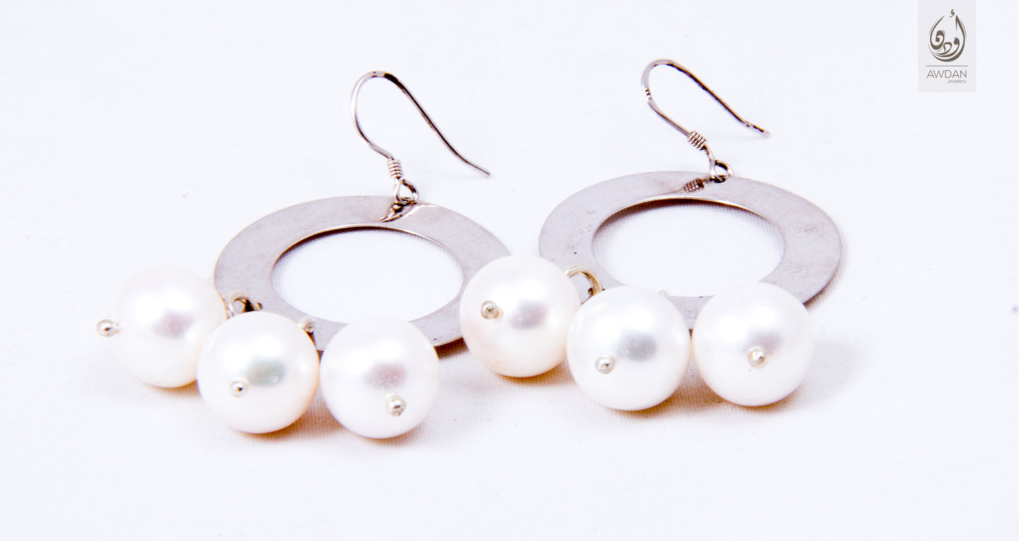 Triple Pearl Circle Earrings