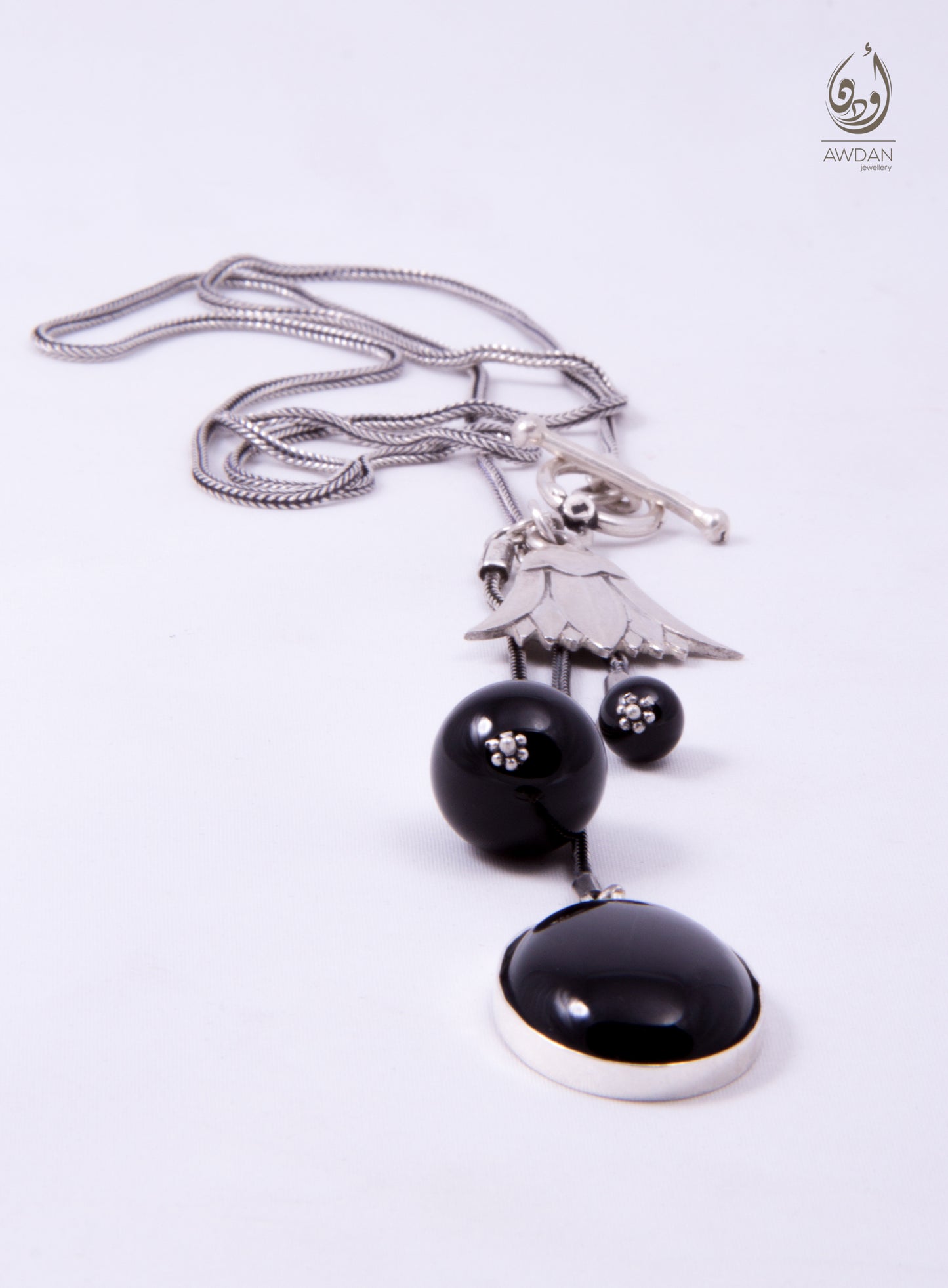 Three Onyx Stones And Lotus Necklace