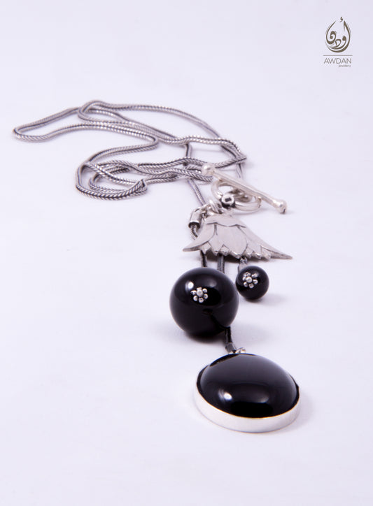 Three Onyx Stones And Lotus Necklace