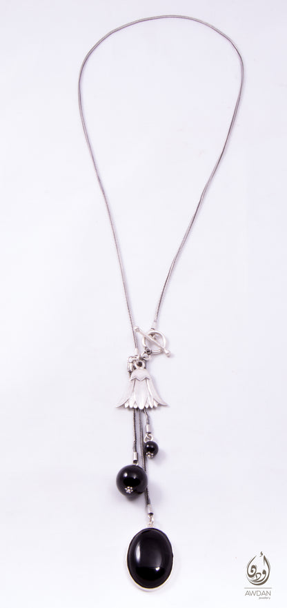 Three Onyx Stones And Lotus Necklace