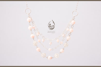 Triple Layer Pink Coral And Silver Necklace