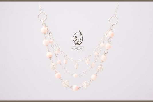 Triple Layer Pink Coral And Silver Necklace
