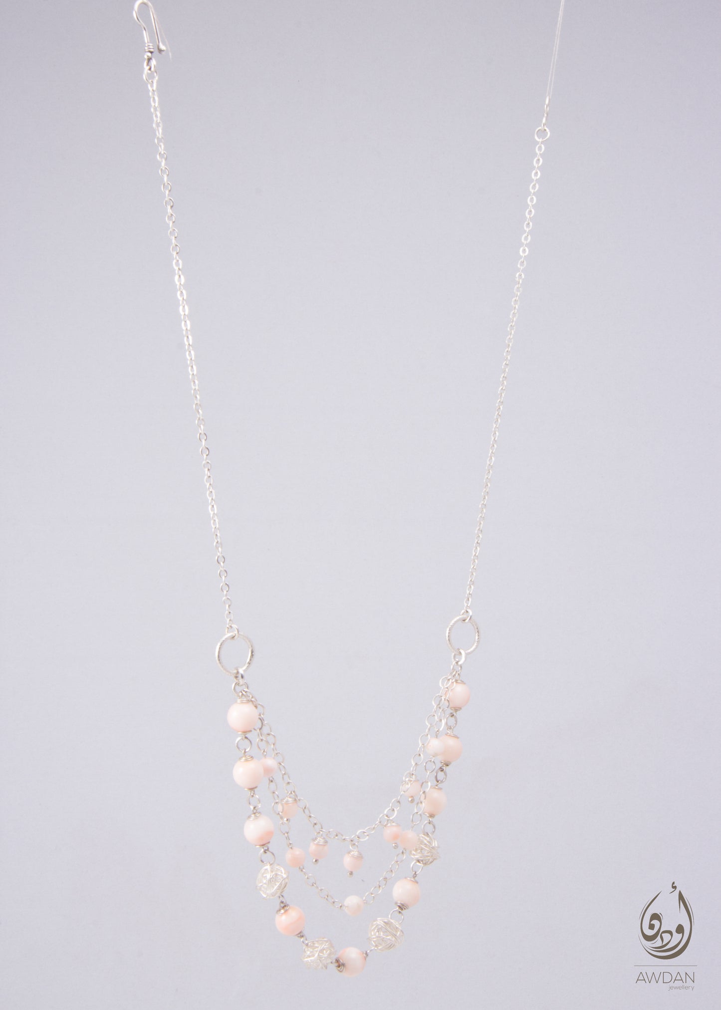 Triple Layer Pink Coral And Silver Necklace