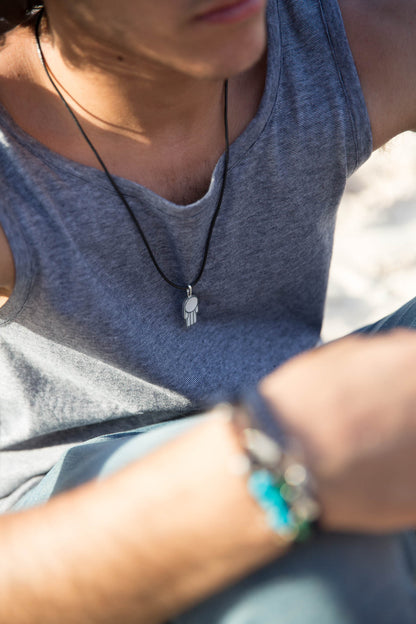 Enameled Hand on Leather Necklace