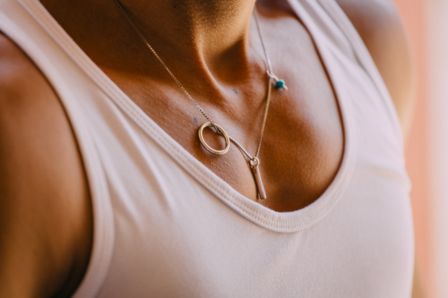 Triple Pendant Necklace (Bar/Turquoise/Circle)