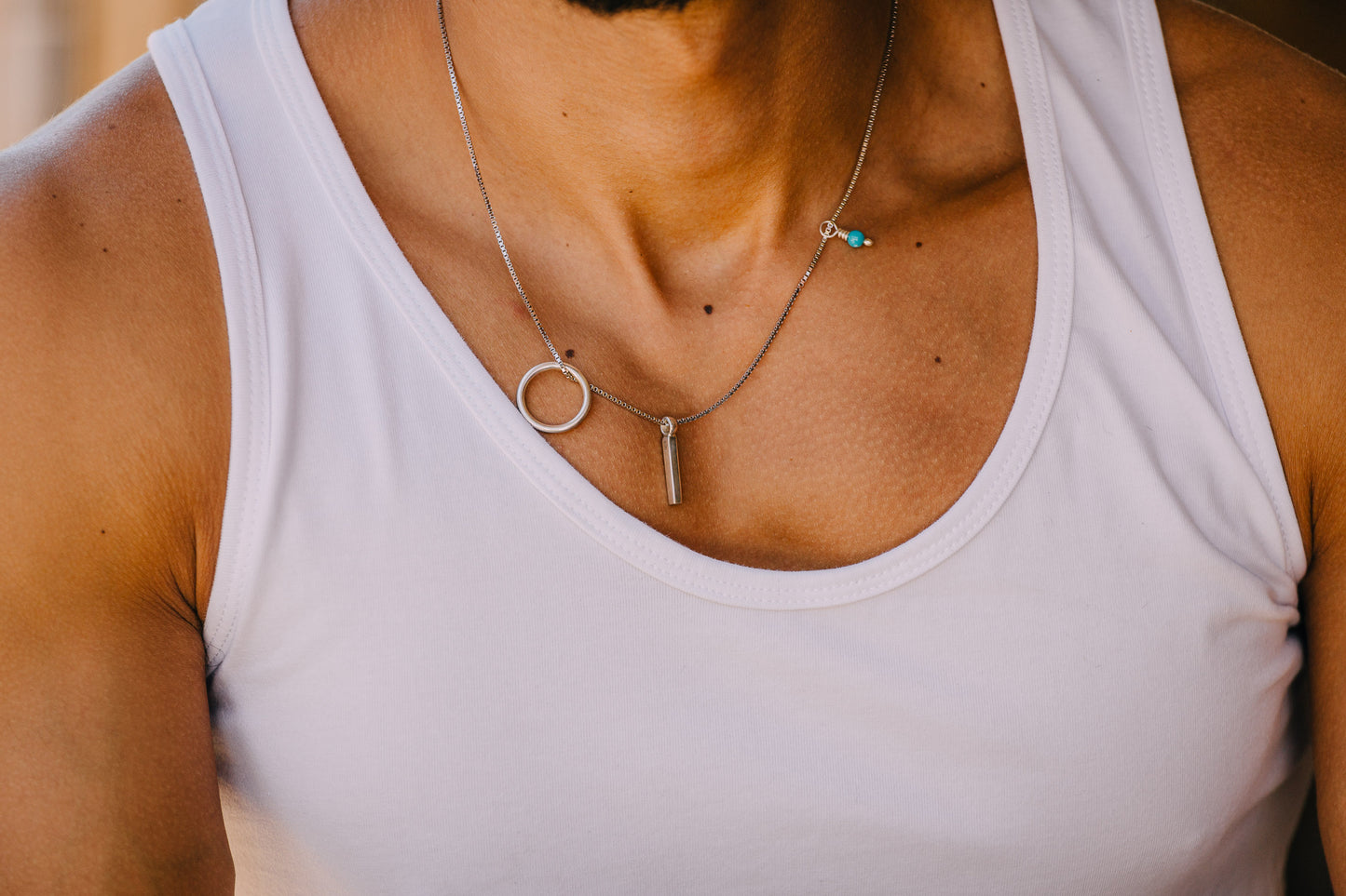 Triple Pendant Necklace (Bar/Turquoise/Circle)