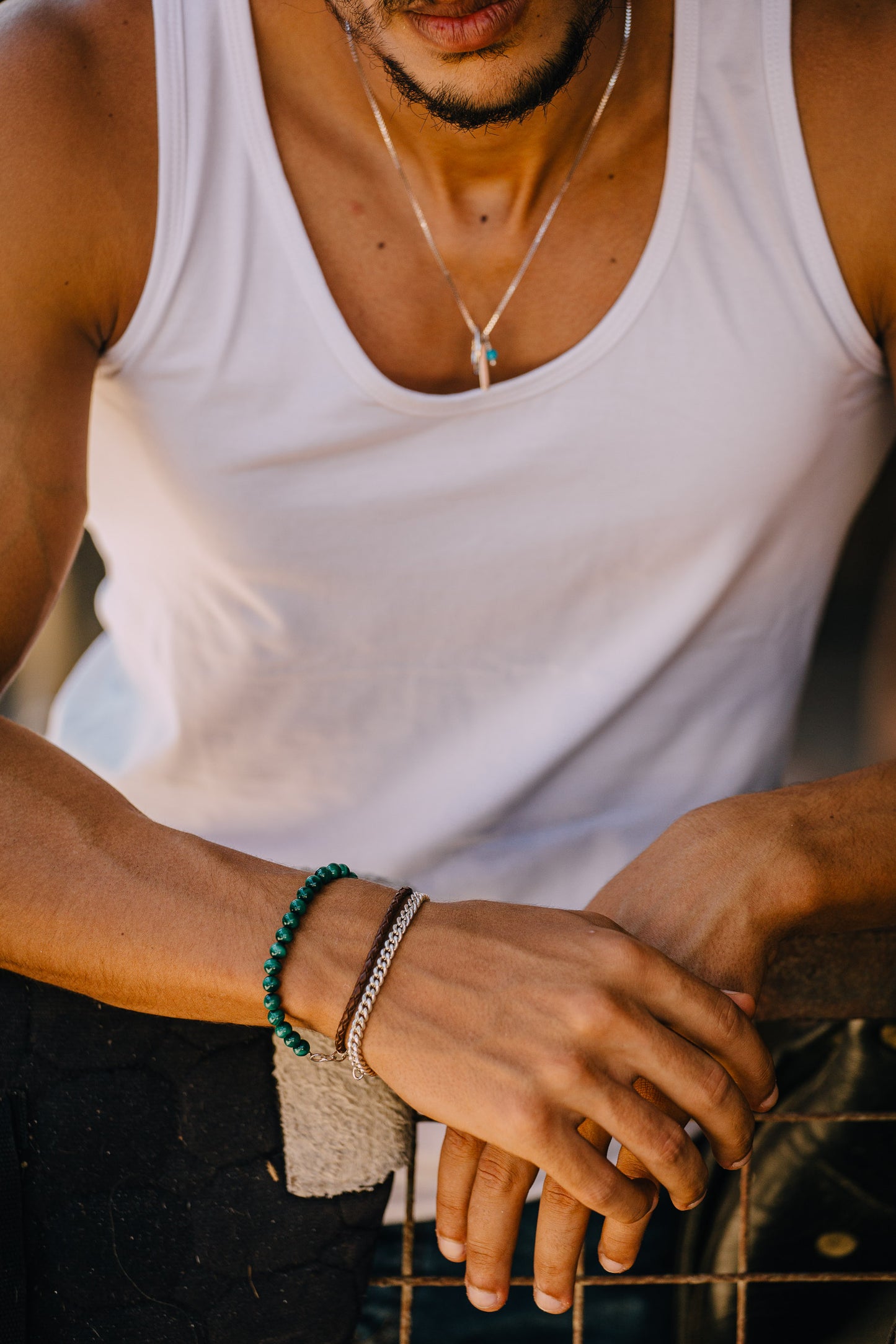 Triple Layered Bracelet. (Malachite/Leather/Silver)