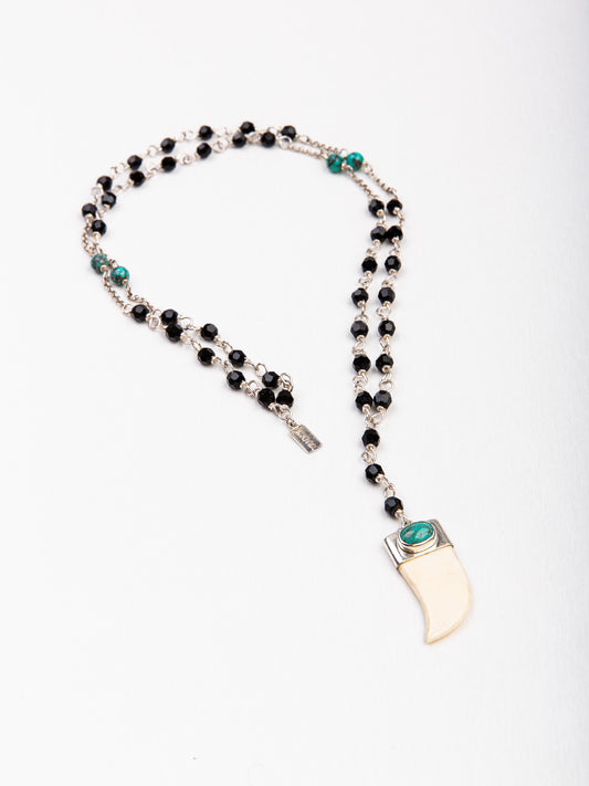 Flat Ivory Horn and Crystals Rosary Necklace