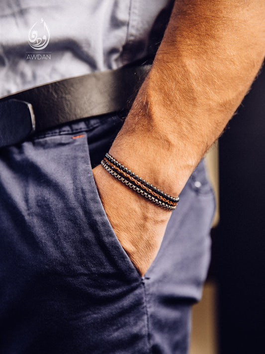 Triple Bracelet - Leather, Cubic Chain and Hematite