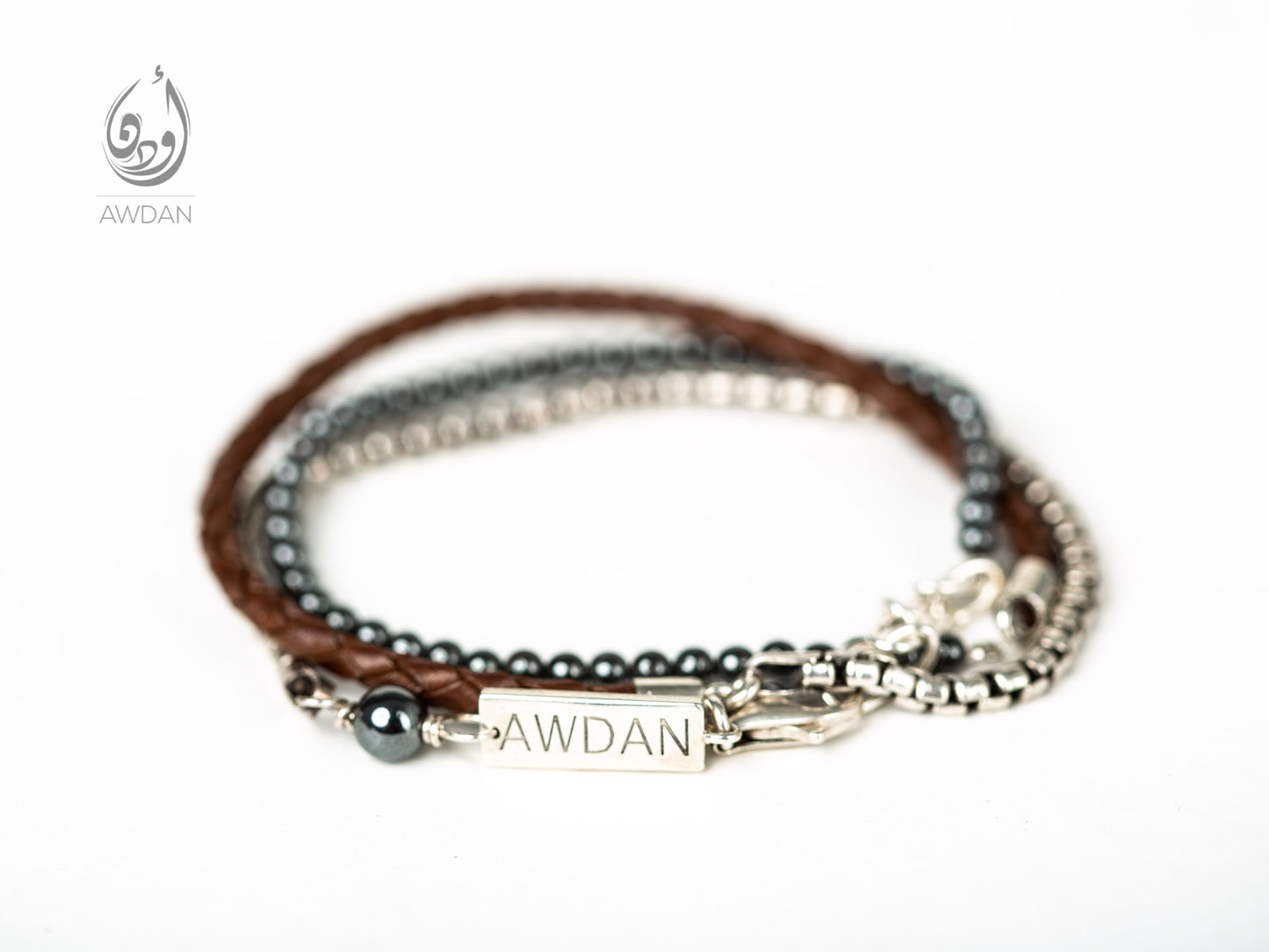 Triple Bracelet - Leather, Cubic Chain and Hematite